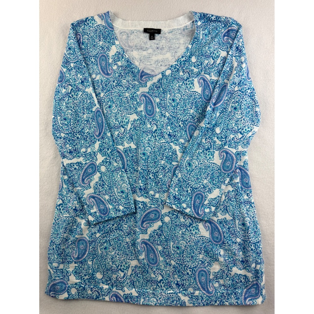 Talbots Womens‎ XS Paisley Print 3/4 Sleeve V Neck Cotton Top Blouse